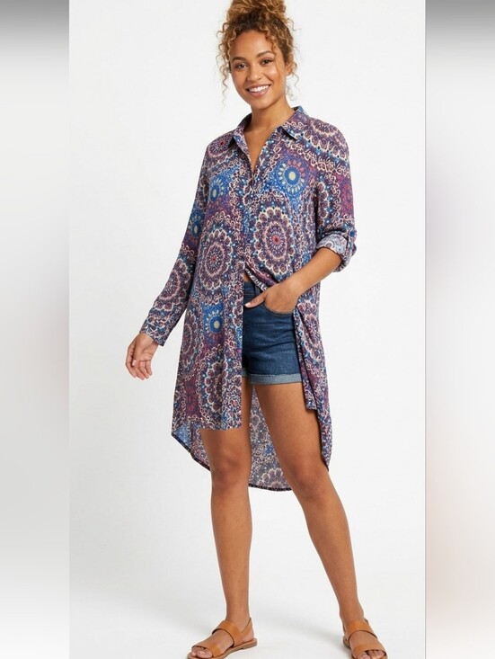Cupio Tops - Cupio High Low Paisley Dress Large L Roll-Tab Convertible Sleeve Blue Red Boho